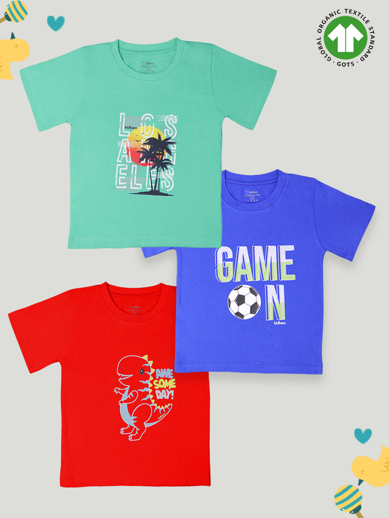 Kidbea 100 % Cotton fabric boys t-shirt combo| Pack of 3 | Los Angeles, Game on & Awesome Day