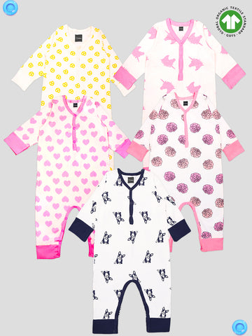 Kidbea 100% Organic Cotton Romper Bodysuit Jumpsuit Combo 5 Designs Colorpretzel unicorn heart flower dog Printed