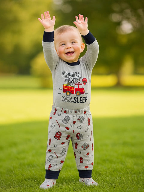 Unisex Kids Cotton Nightsuit Set | Firetruck Print  | Full Sleeves Pajamas | Grey