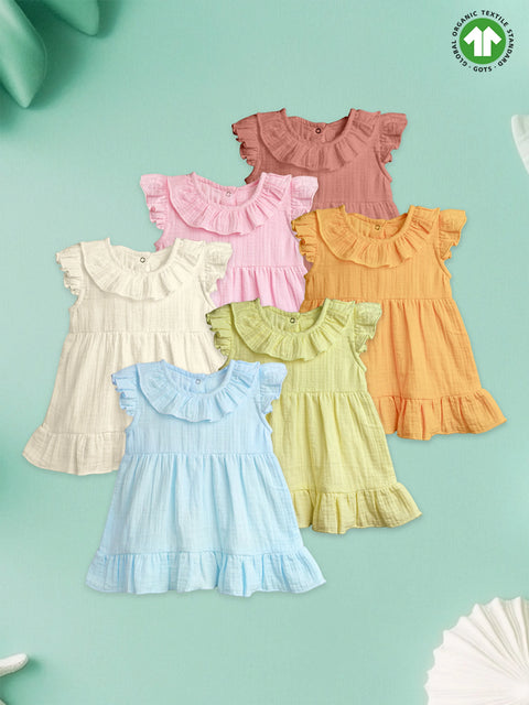 Light Organic Cotton Girls Frock Set | Pack of 6 (Rust, Pink, Mustard Yellow, Off White, Sky Blue & Green)