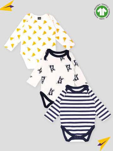 Kidbea 100% Organic cotton baby Pack of 3 onesies Unisex | Pizza, Dog and Strips - Blue