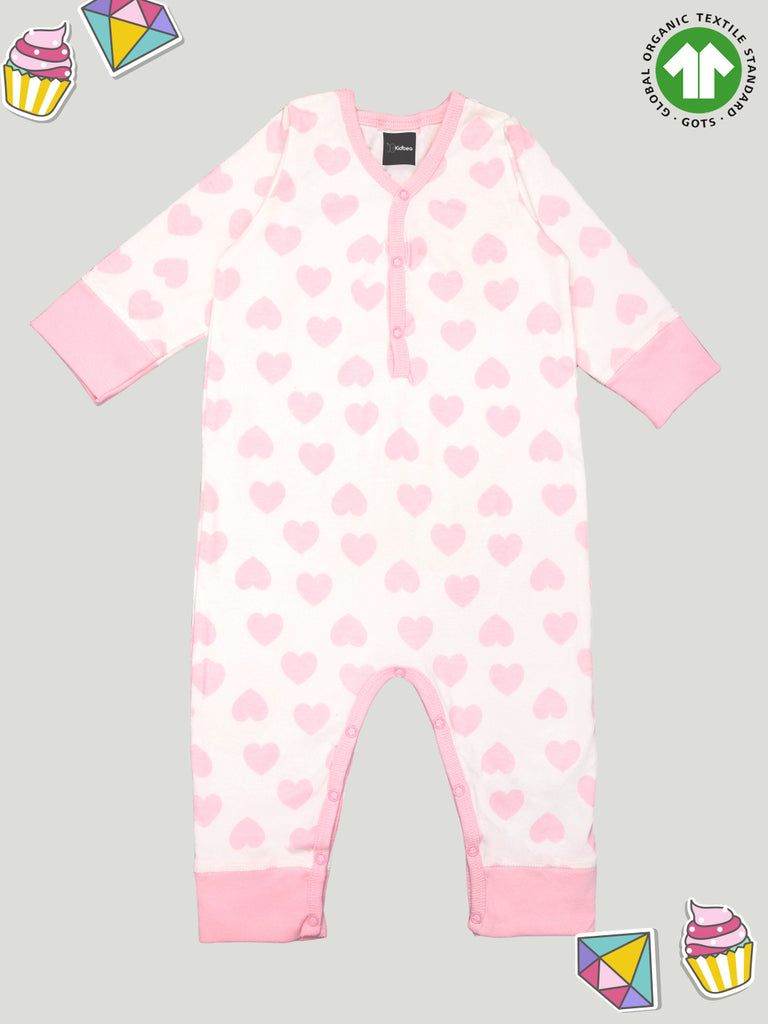 Kidbea 100% cotton  fabric full sleeves &  half buttons romper | Heart | Pink