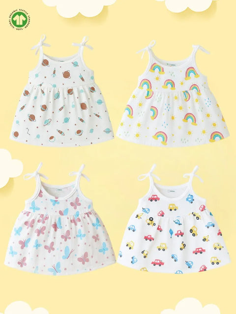 Extra Soft Muslin Baby Girls Frock Pack of 4 – Space, Rainbow, Butterfly & Car Prints