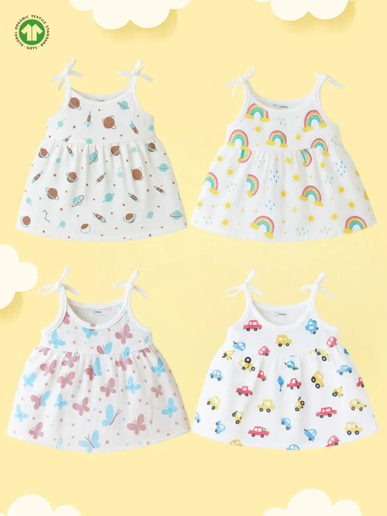 Extra Soft Muslin Baby Girls Frock Pack of 4 – Space, Rainbow, Butterfly & Car Prints