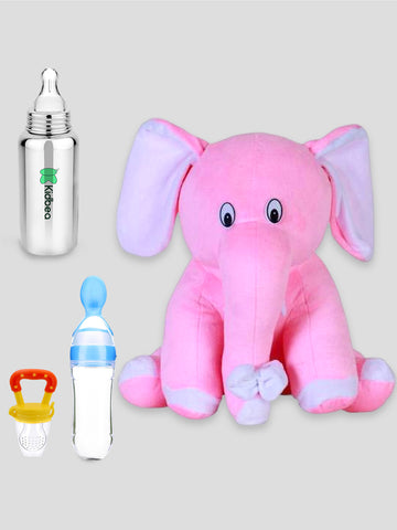 Kidbea Elephant Pink Soft Toy, Stainless Steel Infant Baby Feeding Bottle, Silicone Food Feeder & Silicone Fruit Nibbler Soft Pacifier/Feeder, Teether for Baby