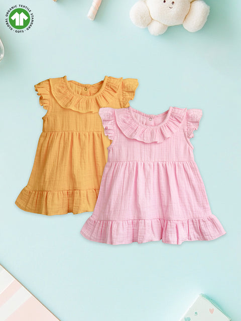 Light Linen Girls Dress Set | Pack of 2 (Mustard Yellow & Charming Pink)