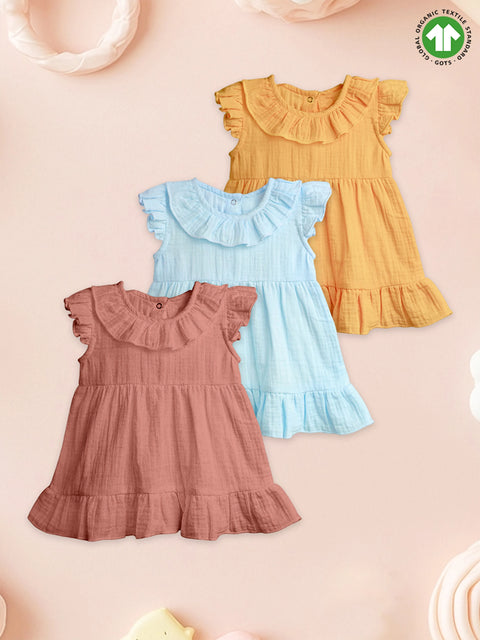 Light Organic Cotton Girls Frock Set | Pack of 3 (Rust, Sky Blue & Mustard Yellow)