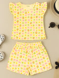 Kidbea Girls Floral and Heart Print Clothing Set | Short Sleeve Ruffle Top and Elastic Waist Shorts for Kids | Yellow