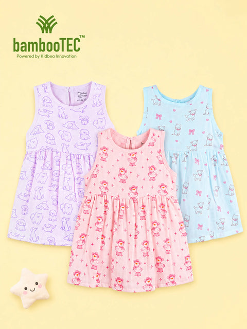 BambooTEC™ Bamboo Muslin Baby Girls Frock Pack of 3 – Puppy, Santa Bear & Puppy & Bow Prints