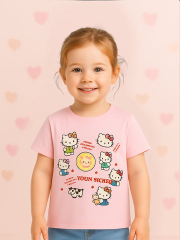 Kidbea Girls Cotton T-Shirt | Cute Hello Kitty Cartoon Print | Soft & Breathable | Casual Summer Wear for Toddlers & Kids Pink