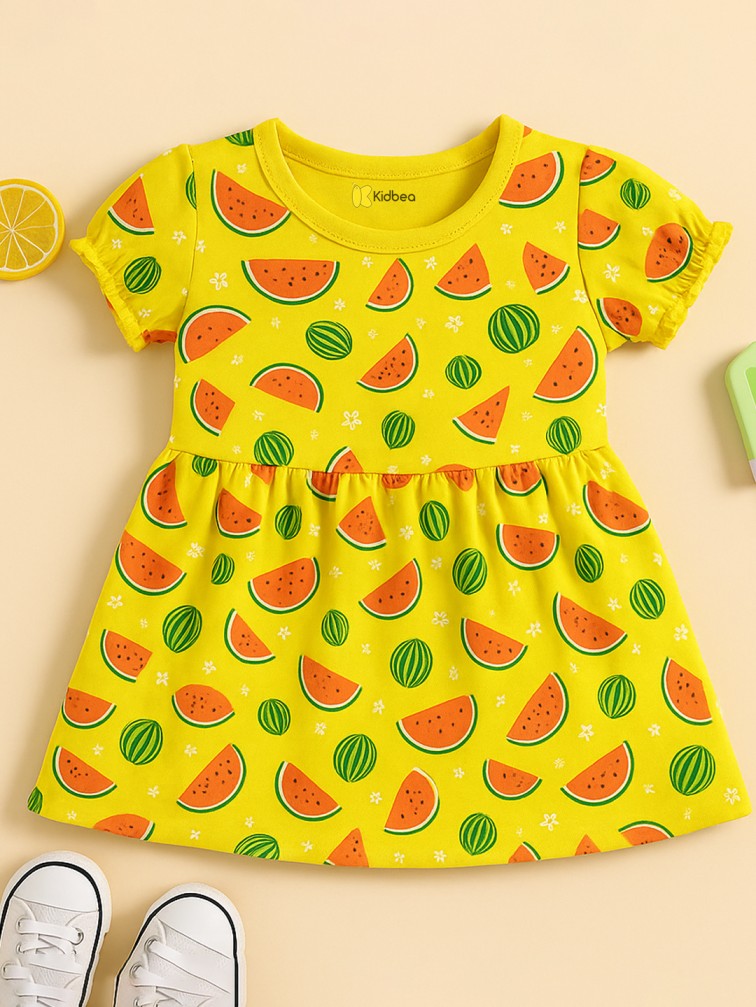Kidbea Girls Cotton Summer Dress | Half Sleeves | Kids Printed Casual Wear Frock | Yellow