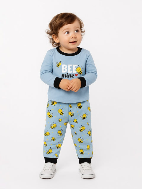 Unisex Cotton Nightwear Set for Kids | Soft Breathable Sleepwear with Cute Bee Print & Full Sleeves Top | Blue