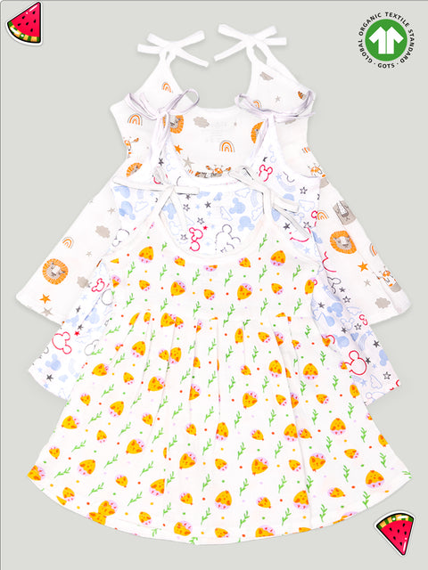 Extra Soft Muslin  Fabric Baby Girls Frock | Pack of 3 | Tiger, Mickey and Cute Chick Print