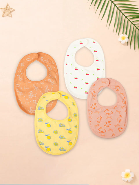 Organic Cotton Baby Bib Pack of 4 – Giraffe, Cherry, Lemon & Bunny Print, Feeding & Drool Bibs