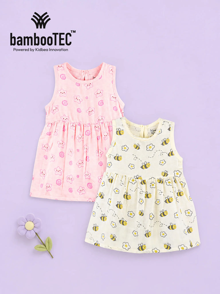 BambooTEC™ Bamboo Muslin Girls Frock – Cute Flower & Bee Print | Pack of 2