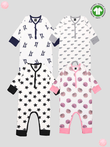Kidbea 100% Organic Cotton Romper Bodysuit Jumpsuit Combo 4 Designs Color dog elephant star flower Printed