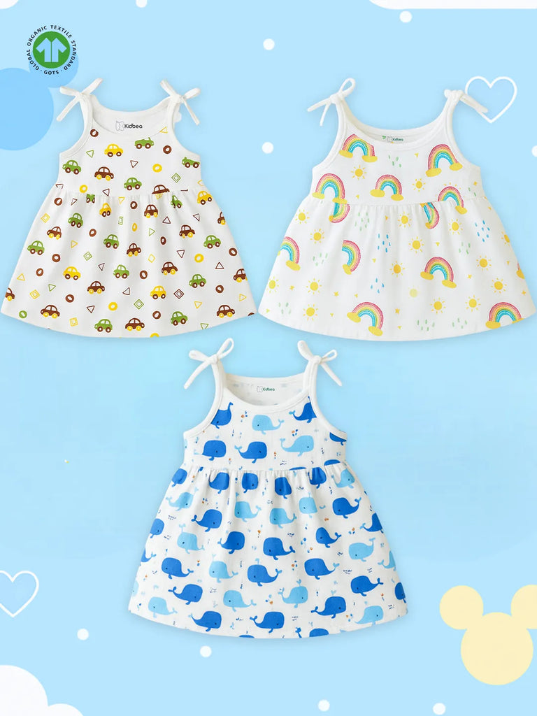 Extra Soft Muslin Baby Girls Frock Pack of 3 – Car, Rainbow & Whale Prints