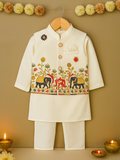 Kidbea Boys Kurta Pajama Set with Elephant Embroidered Jacket | Traditional Festive Ethnic Wear | White