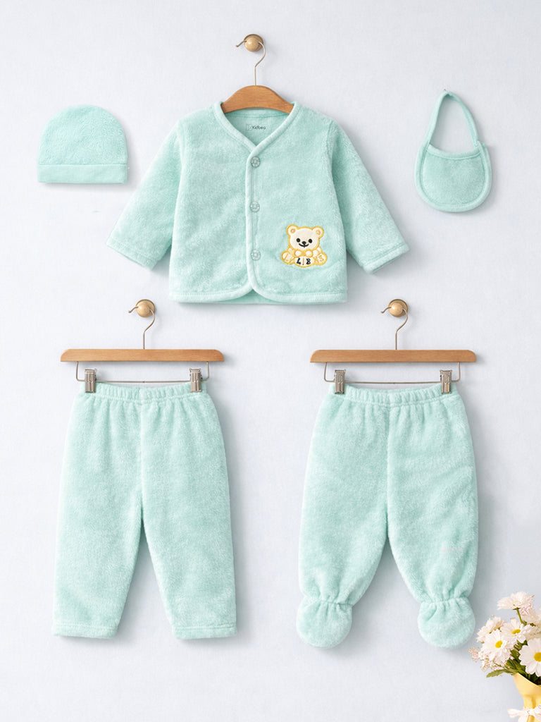 Unisex Baby Winter Wear – Pack of 5 Cozy Set with Cardigan, Pants, Footed Pants, Cap & Bib