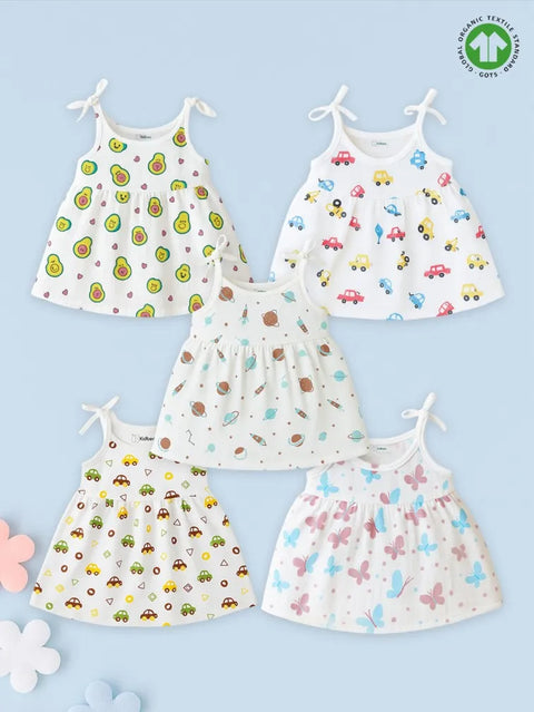 Extra Soft Muslin Baby Girls Frock Pack of 5 – Avocado, Car, Space, Car & Butterfly Prints