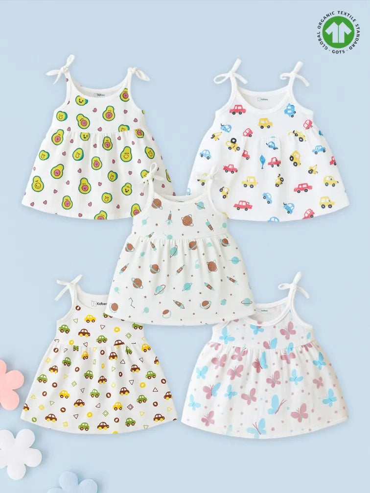 Extra Soft Muslin Baby Girls Frock Pack of 5 – Avocado, Car, Space, Car & Butterfly Prints