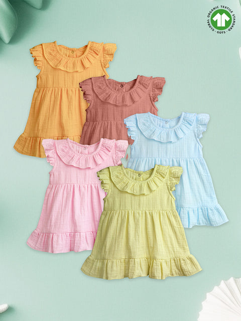 Light Linen Girls Dress Set | Pack of 5 (Rust, Pink, Mustard Yellow, Sky Blue & Green