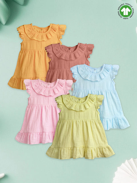 Light Organic Cotton Girls Frock Set | Pack of 5 (Rust, Pink, Mustard Yellow, Sky Blue & Green)