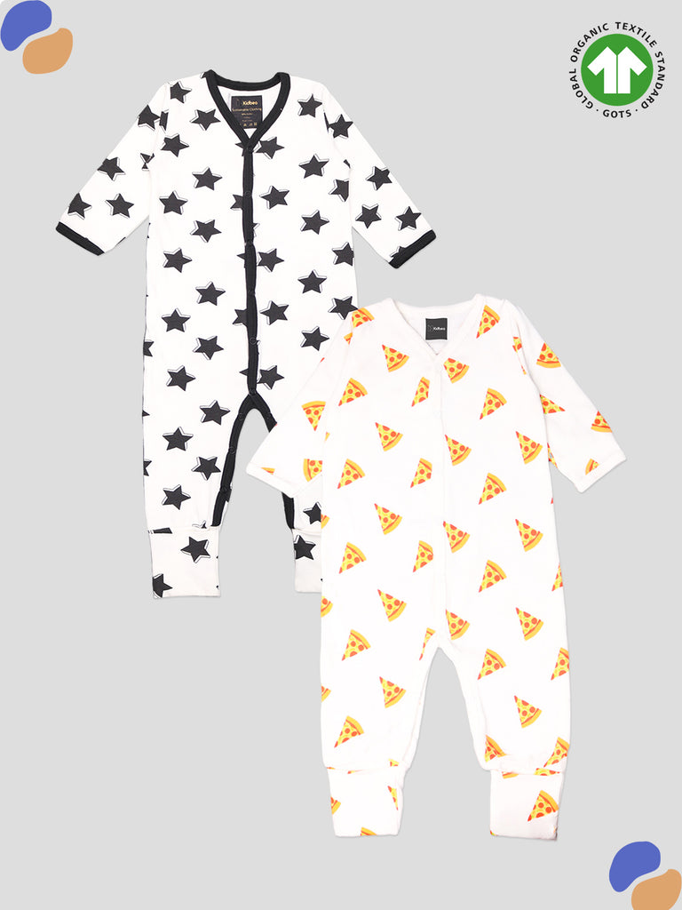 Kidbea 100% Organic cotton Pack of 2 full Buttons romper | Star | Pizza