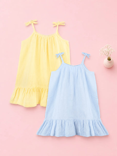 Organic Cotton Girls Frock Pack of 2 – Yellow & Blue Tie-Up Ruffle Frocks