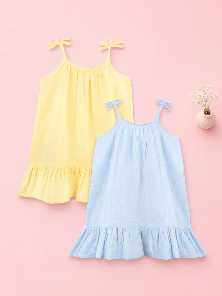 Organic Cotton Girls Frock Pack of 2 – Yellow & Blue Tie-Up Ruffle Frocks