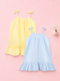 Organic Cotton Girls Frock Pack of 2 – Yellow & Blue Tie-Up Ruffle Frocks