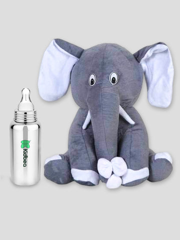 Kidbea Elephant Grey Soft Toy & Hot/Cold Kids Steel Milk Bottle 250 ML.