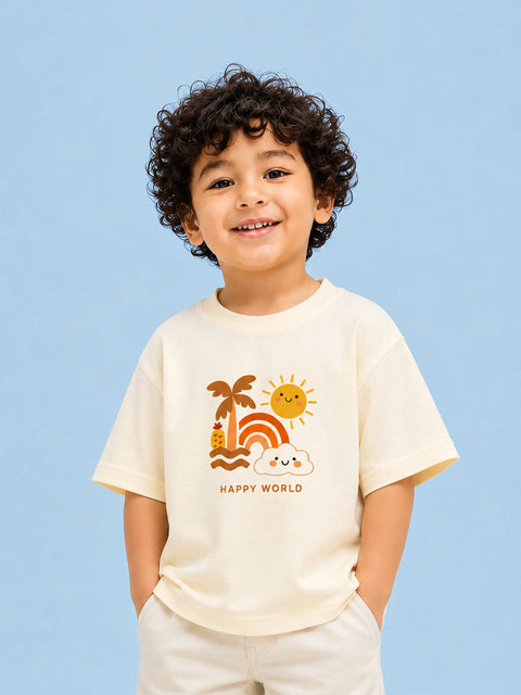 Unisex Bamboo Fabric Cream Happy World Print Oversized T-Shirt