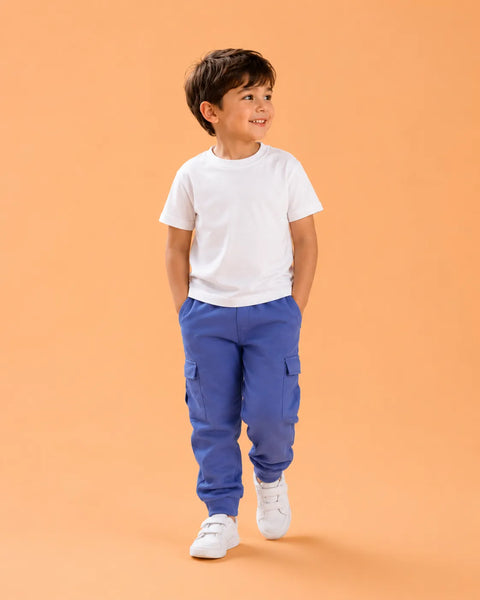 Unisex Blue Cotton Kids Cargo Jogger Pants – Comfortable Everyday Bottomwear