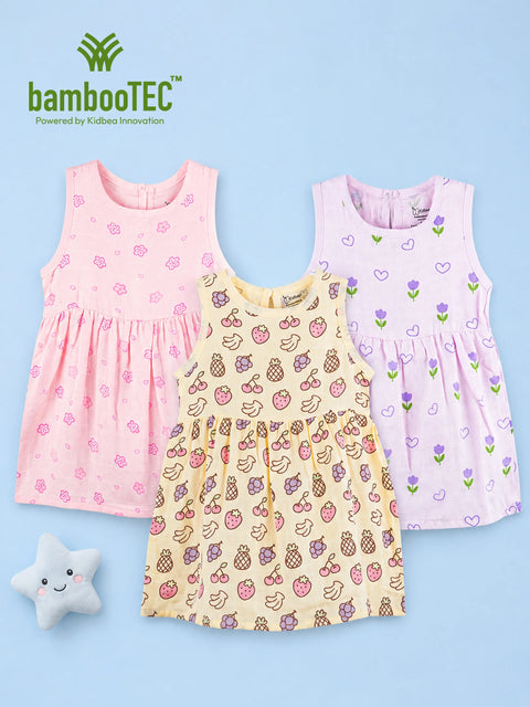 BambooTEC™ Bamboo Muslin Baby Girls Frock Pack of 3 – Pink Floral, Fruity Fiesta & Tulip Heart Prints