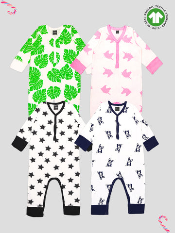 Kidbea 100% Organic Cotton Romper Bodysuit Jumpsuit Combo 4 Designs Color dog unicorn star leaf Printed