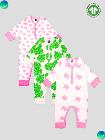 Kidbea 100% Organic Cotton Romper Bodysuit Jumpsuit Combo 5 Designs Colorflower elephant heart dog star Printed