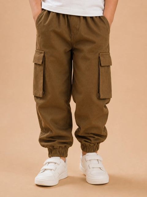 Unisex Cotton Kids Cargo Jogger Pants – Light Brown Comfortable Bottomwear