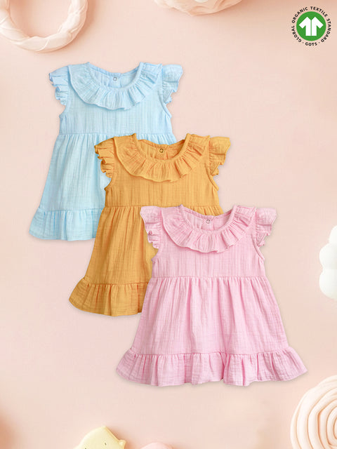 Light Linen Girls Dress Set | Pack of 3 (Sky Blue, Mustard Yellow & Charming Pink)