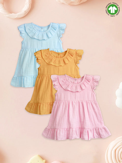 Light  Organic cotton Girls Frock Set | Pack of 3 (Sky Blue, Mustard Yellow & Charming Pink)