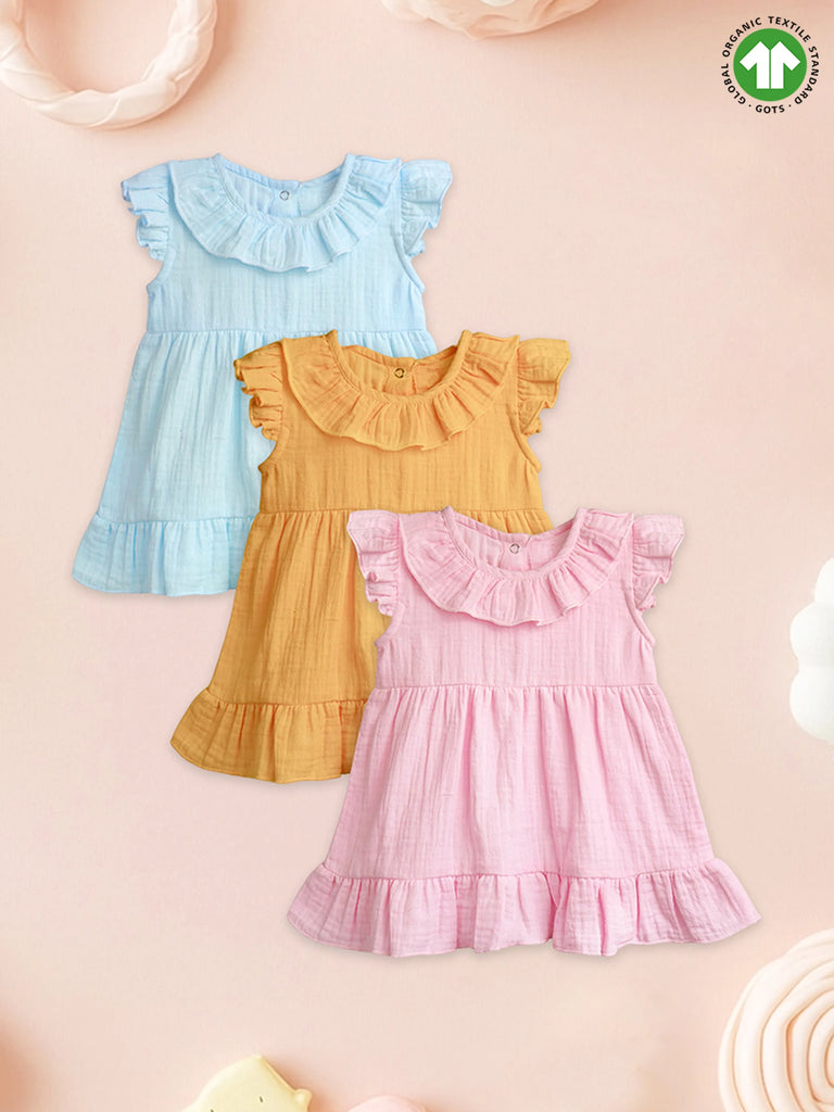 Light  Organic cotton Girls Frock Set | Pack of 3 (Sky Blue, Mustard Yellow & Charming Pink)