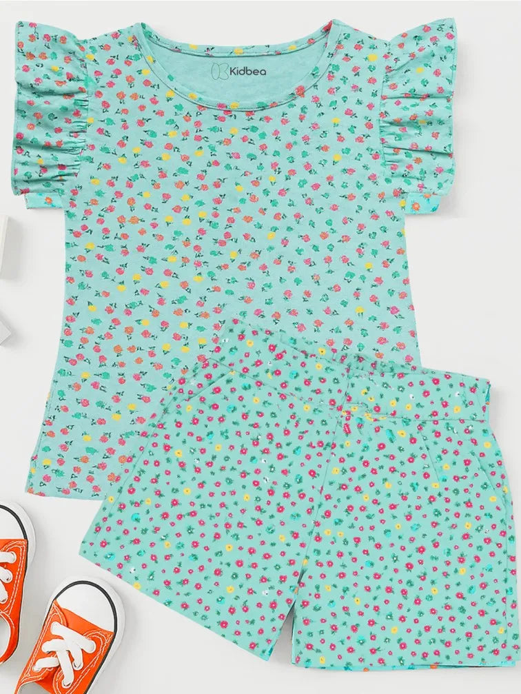 Girl Floral Print Clothing Set | Ruffle Sleeve Top and Matching Shorts | Teal