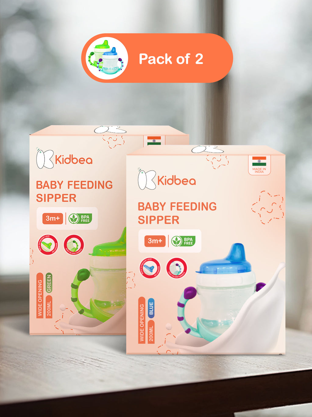 Baby Sipper Cup – Green & Blue (Pack of 2) | BPA-Free, Soft Spout, Leak-Proof, Dual Handles, 200ML