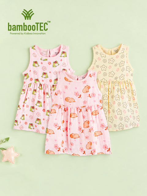 BambooTEC™ Bamboo Muslin Baby Girls Frock Pack of 3 – Frog & Floral, Puppy Floral & Star Flower Prints