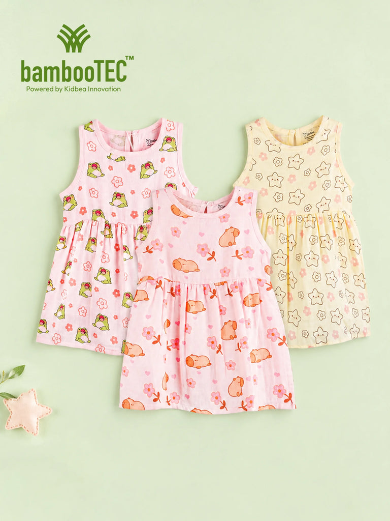 BambooTEC™ Bamboo Muslin Baby Girls Frock Pack of 3 – Frog & Floral, Puppy Floral & Star Flower Prints