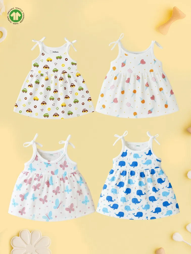 Extra Soft Muslin Baby Girls Frock Pack of 4 – Car, Lollipop, Butterfly & Whale Prints