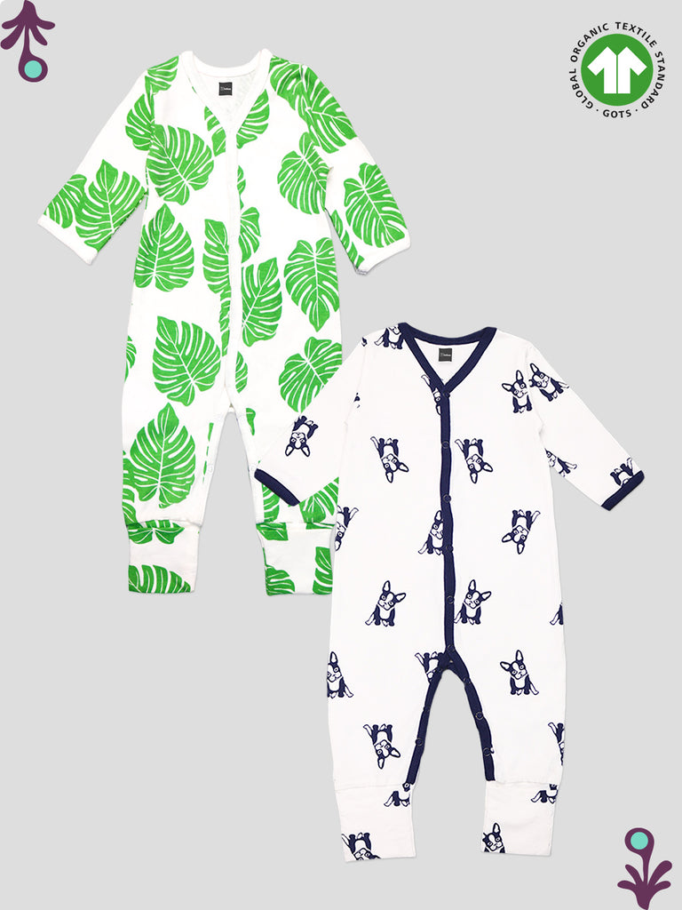 Kidbea 100% Organic cotton Pack of 2 full Buttons romper | leaf | Dog