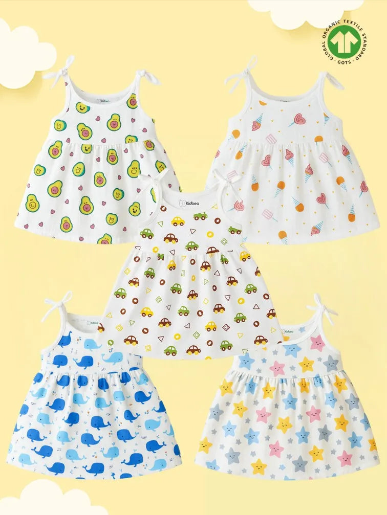 Extra Soft Muslin Baby Girls Frock Pack of 5 – Avocado, Ice Cream, Car, Whale & Star Prints