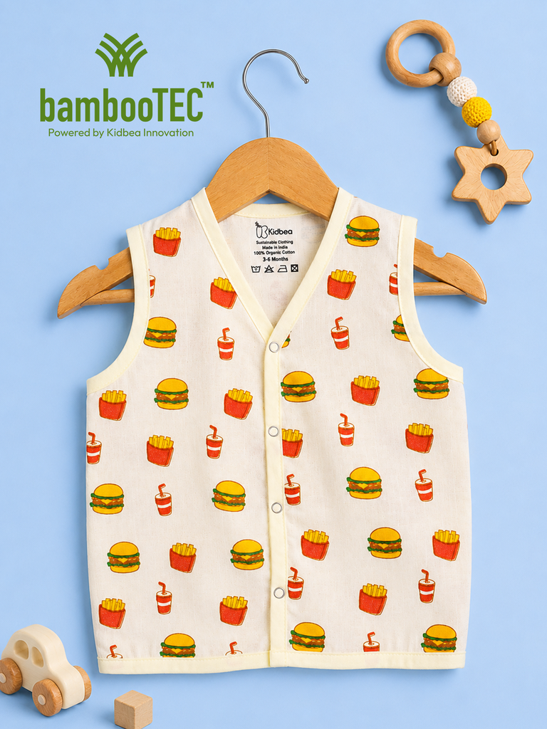 BambooTEC™ Bamboo Muslin Baby Jhabla – Burger & Fries Print