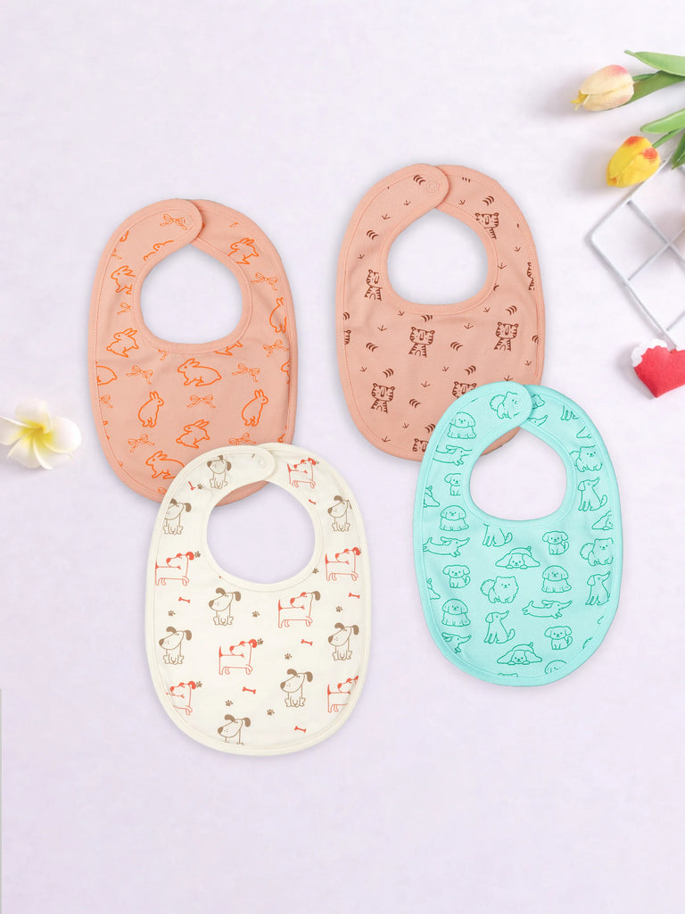 Organic Cotton Baby Bib Pack of 4 – Bunny, Tiger, White Dog & Blue Dog Print, Feeding & Drool Bibs